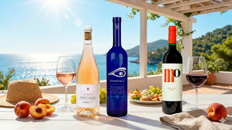 Copas de vino blanco, rosado y tinto fresco en una terraza mediterránea en verano